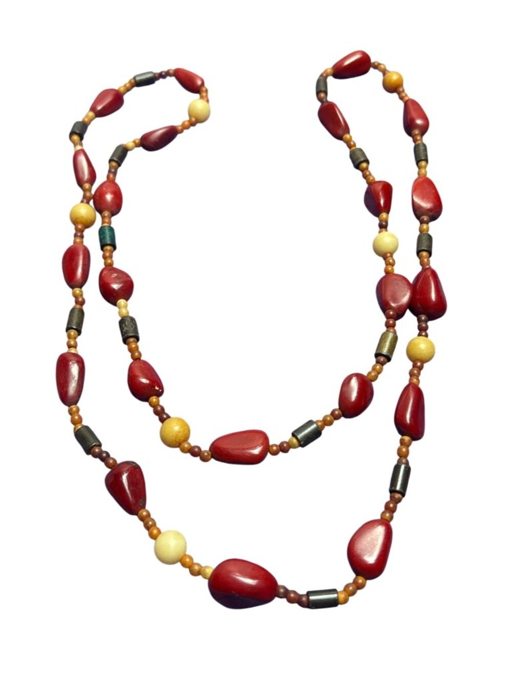 Vintage Artisan Plastic and Wooden Beaded Necklace No Clasp Red Brown Beige
